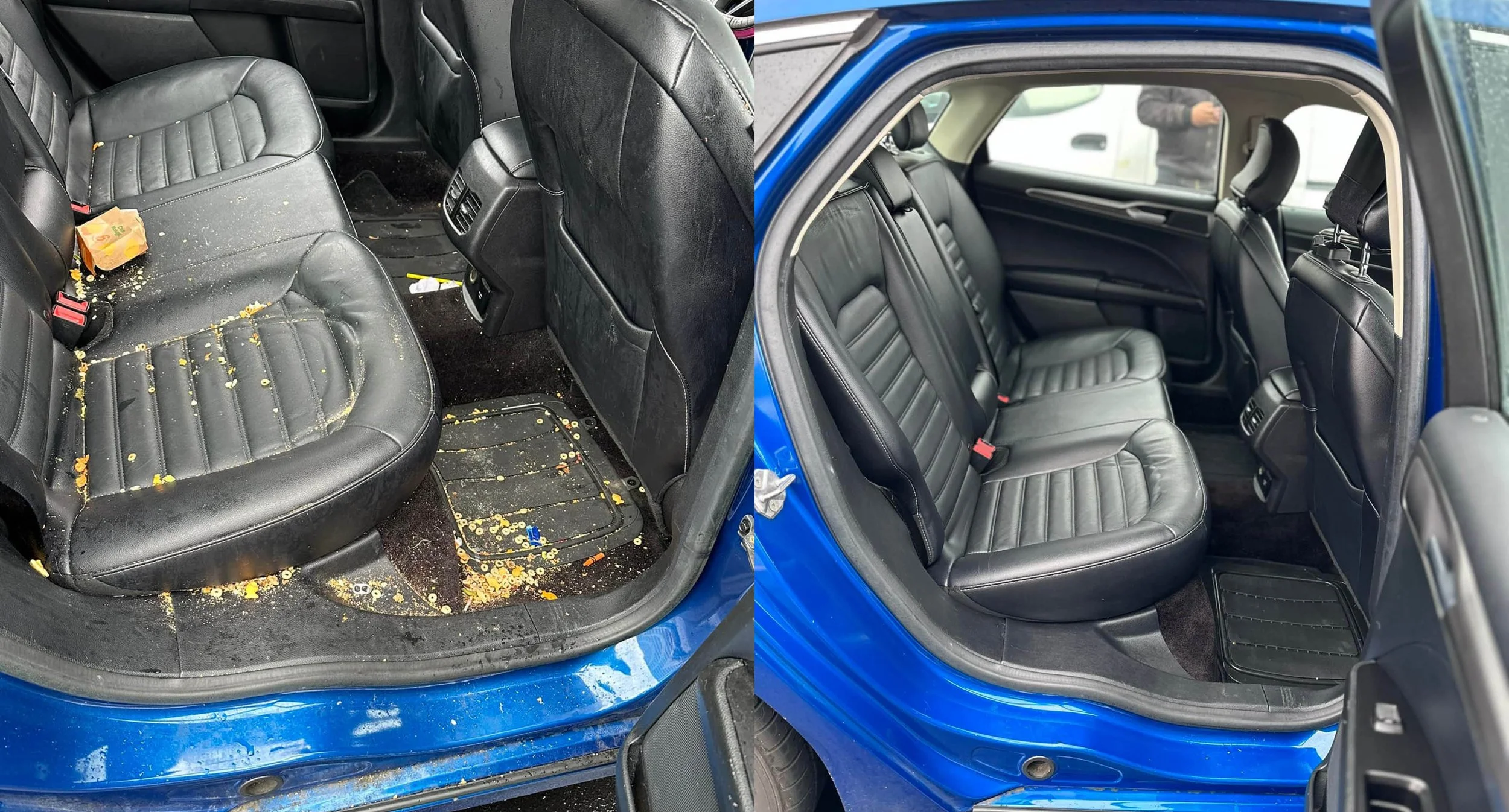 Before and after interior car cleaning, showing dirty, food-stained seats on the left and clean, spotless seats on the right.