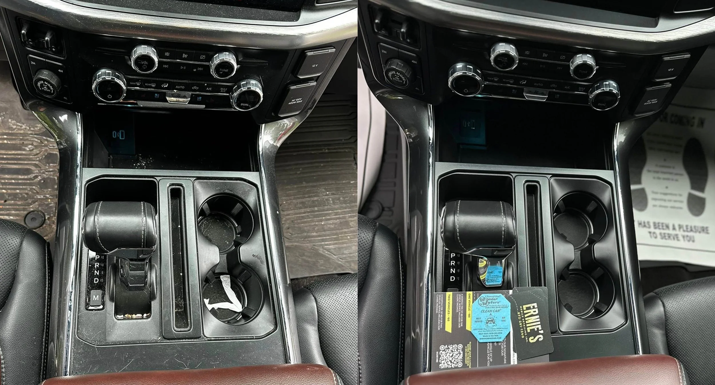 Comparison of two car center consoles, left side appears dirty with debris, right side is clean with some tags and price stickers.