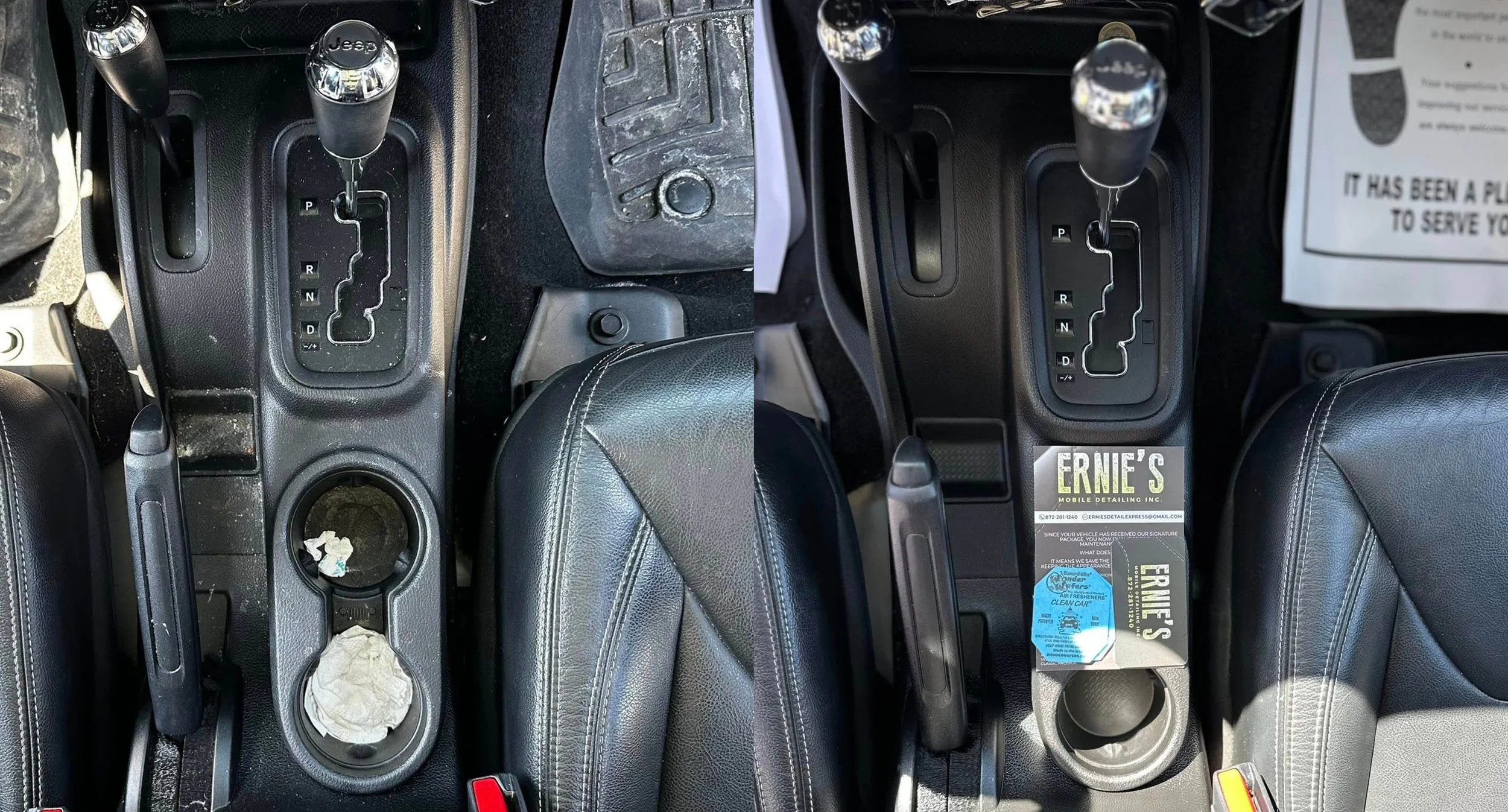 Before and after pictures of a car's center console, showing a dirty, cluttered area with trash and debris on the left, and a clean, organized area with business cards and a clean cup holder on the right.