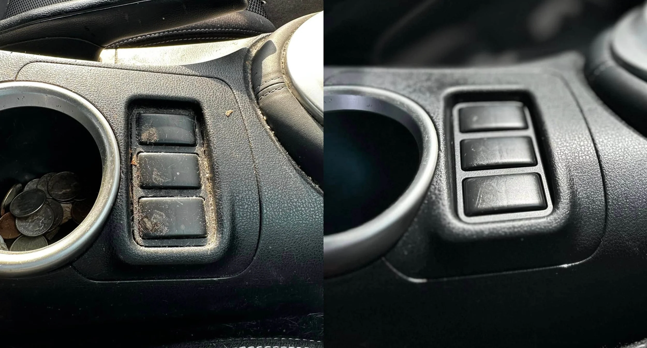Side-by-side comparison of two car dashboard sections showing three rectangular buttons, with a rounded cup holder on the left side containing coins. The left side shows a dirty and dusty panel, while the right side shows a clean, well-maintained pan