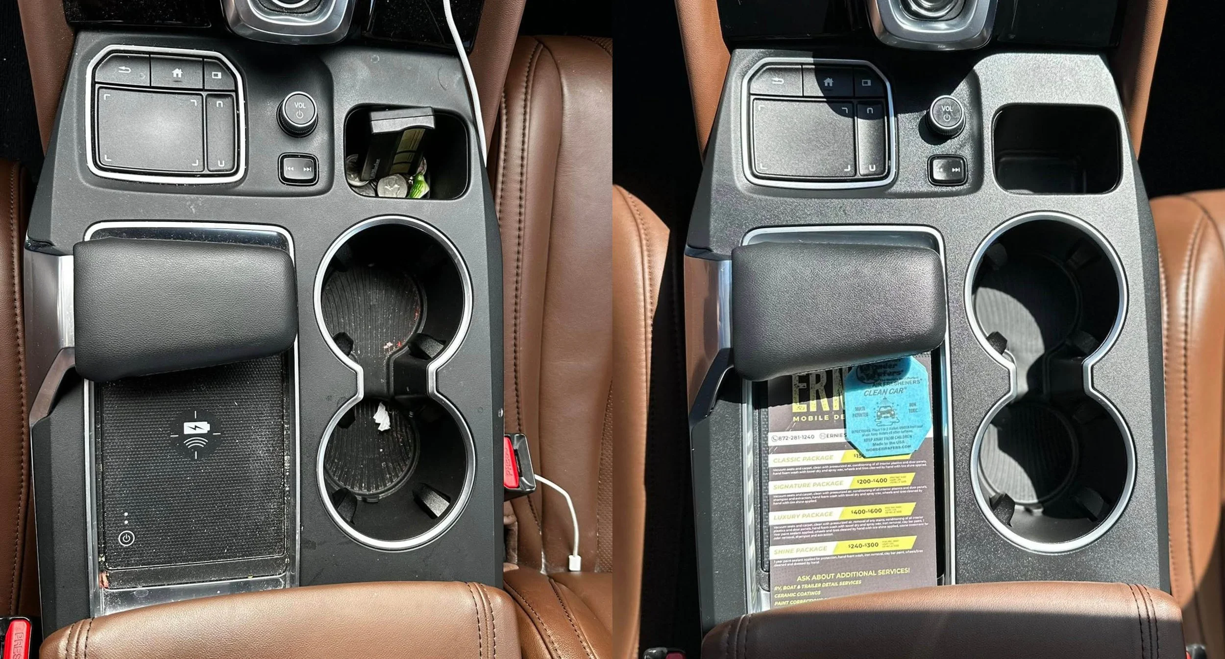 Digital image showing a car's center console before and after cleaning, with empty cup holders, financial documents, and some small items.