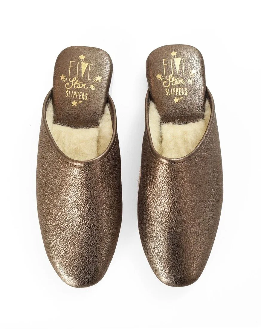 MULE BRONZE LEATHER SLIPPER — Five Star Slippers - Main Image