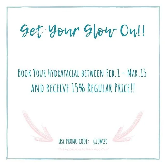 Hey #Burbbabes 🗣 💧
Hydrafacial Promo Starts TODAY!💧 Book your Hydrafacial appointment between Feb.1-Mar.15 and receive 15% off your service cost!!! 🤯

Let&rsquo;s get your #glow on and book now!!💧 Use Promo Code: GLOW20 *Promotion does not inclu