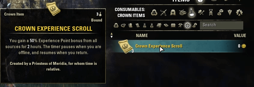 Crown Experience Scrolls are free buffs given for leveling up or as daily rewards. Make sure to use them!