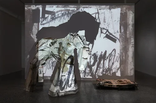 The Space Behind, 2022, Installation; stop motion animation, mixed media concrete sculpture, reclaimed truck tarpaulin Concrete sculpture; (concrete, steel, hessian, canvas, felt, steel rope, hemp rope)186 x 280 x 154cm Audio by Hugh Fasher Commissio