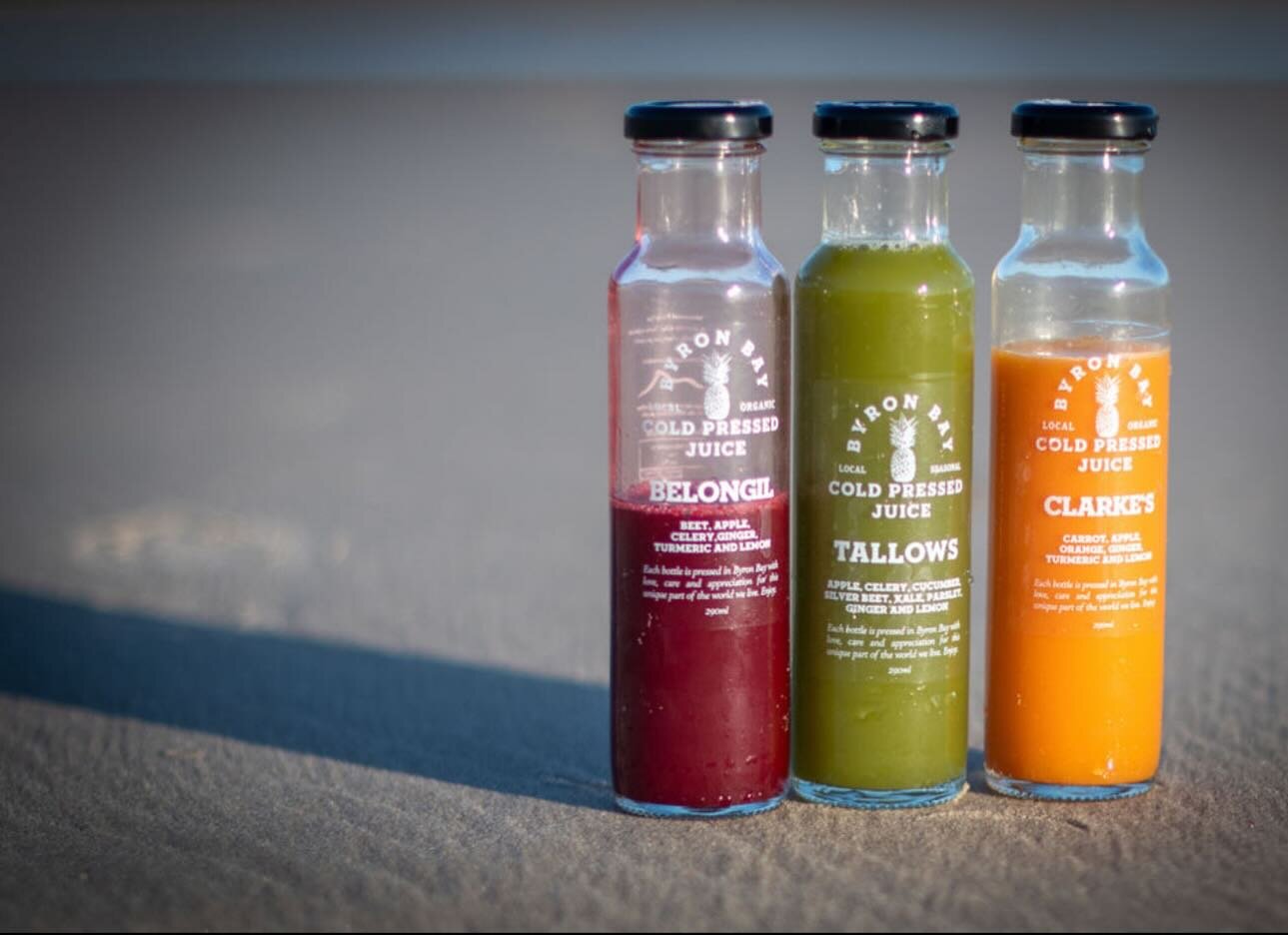 Our juices are named after our favourite Byron beaches. #byronbay #tallows #clarkes #mainbeach #wategos #belongil #coldpressed #juice #raw #vegan