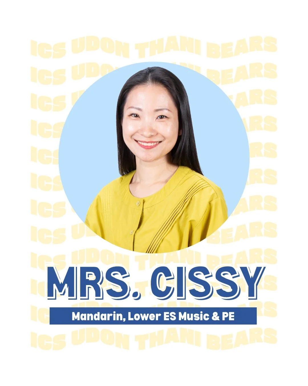 Up next in our #FacesofICSUD series &mdash; Mrs. Cissy! 

This is Mrs. Cissy&rsquo;s 5th year serving at ICSUD. You can find her leading PE classes with our K4 and K5 students, playing instruments during music class, or teaching Mandarin &mdash; she 
