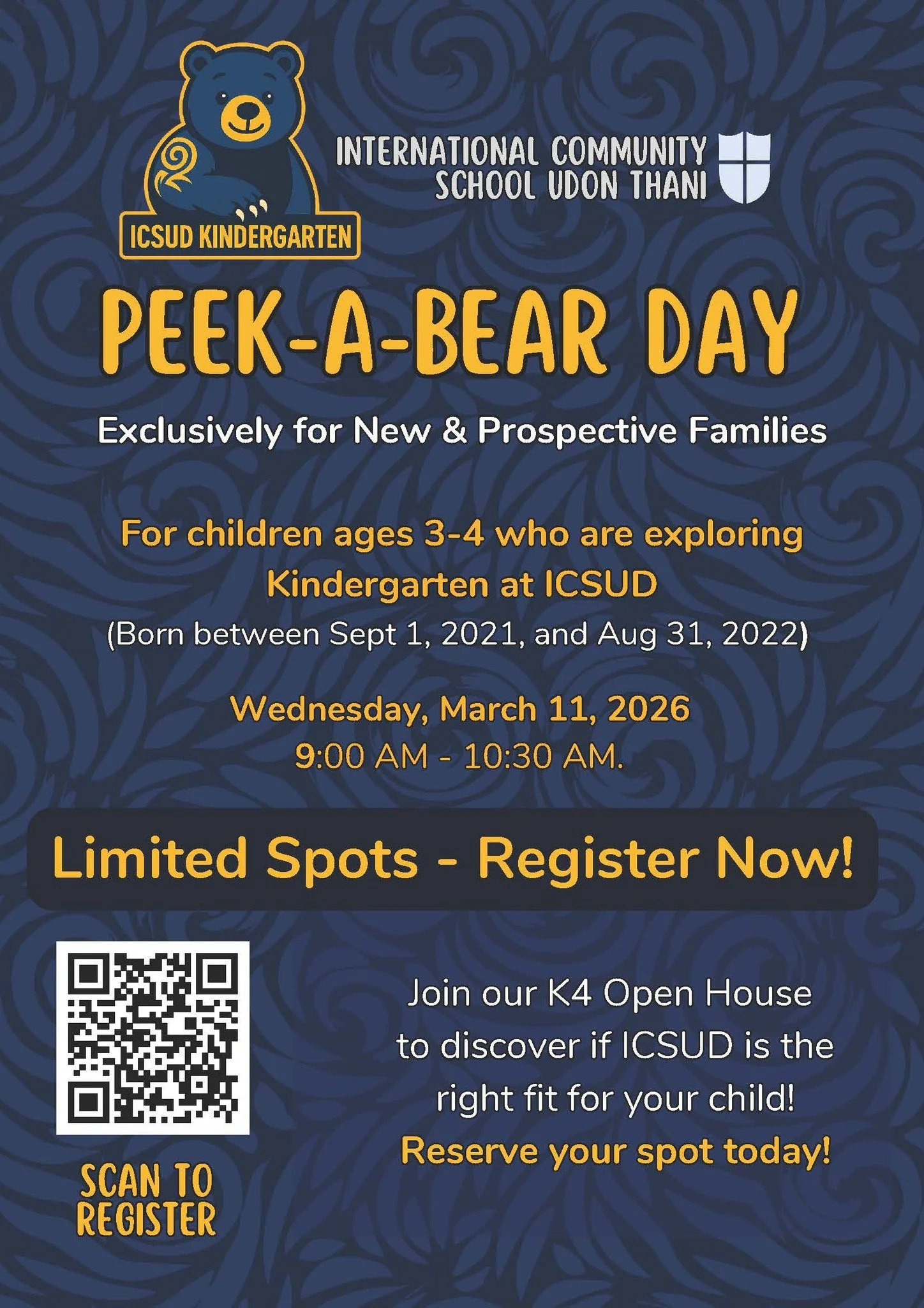 🐻 Your Adventure Awaits at Peek-A-Bear Day! 🐾

Come discover the magic of our ICSUD Kindergarten community! We&rsquo;re opening our doors exclusively for new and prospective families to see our inspired learning in action. 

Give your child the per