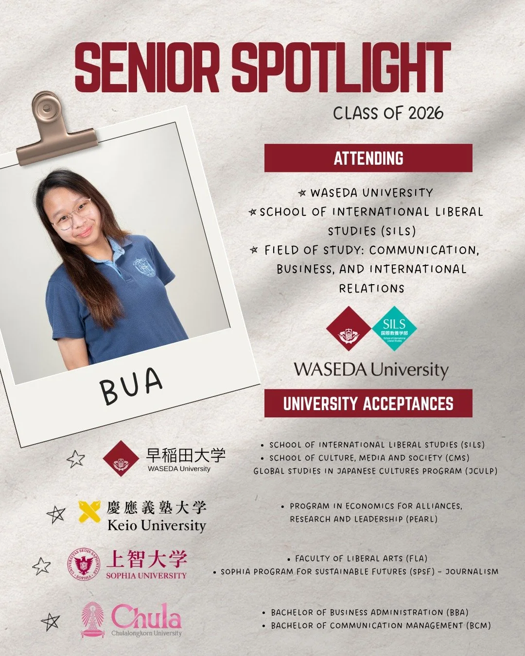 T-6 Days until Graduation!! 🎓✨

#SeniorSpotlight: Bua!! 

✨ What advice would you give underclassmen?

&ldquo;Please start preparing for the SAT early, don&rsquo;t wait until your junior year to begin. A strong SAT score combined with a high GPA wil