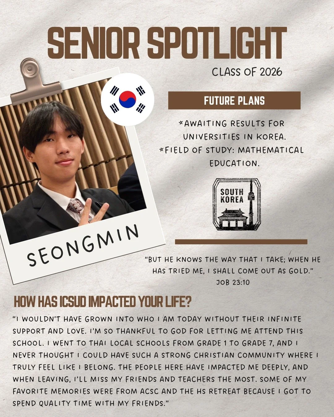 Congratulations, Seongmin!! 🎓✨

T-2 days until graduation!! 

#ICSUD #ICSUDalumni #seniorspotlight