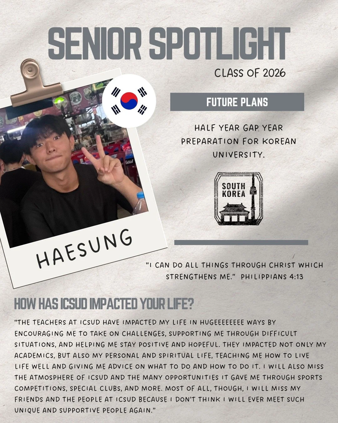 T-ONE Day until Graduation!! 🎓✨

"Do your community service hour form and start your Capstone ASAP!" - Haesung 

Congratulations, Haesung!! 🥳

#ICSUD #ICSUDalumni #classof2026