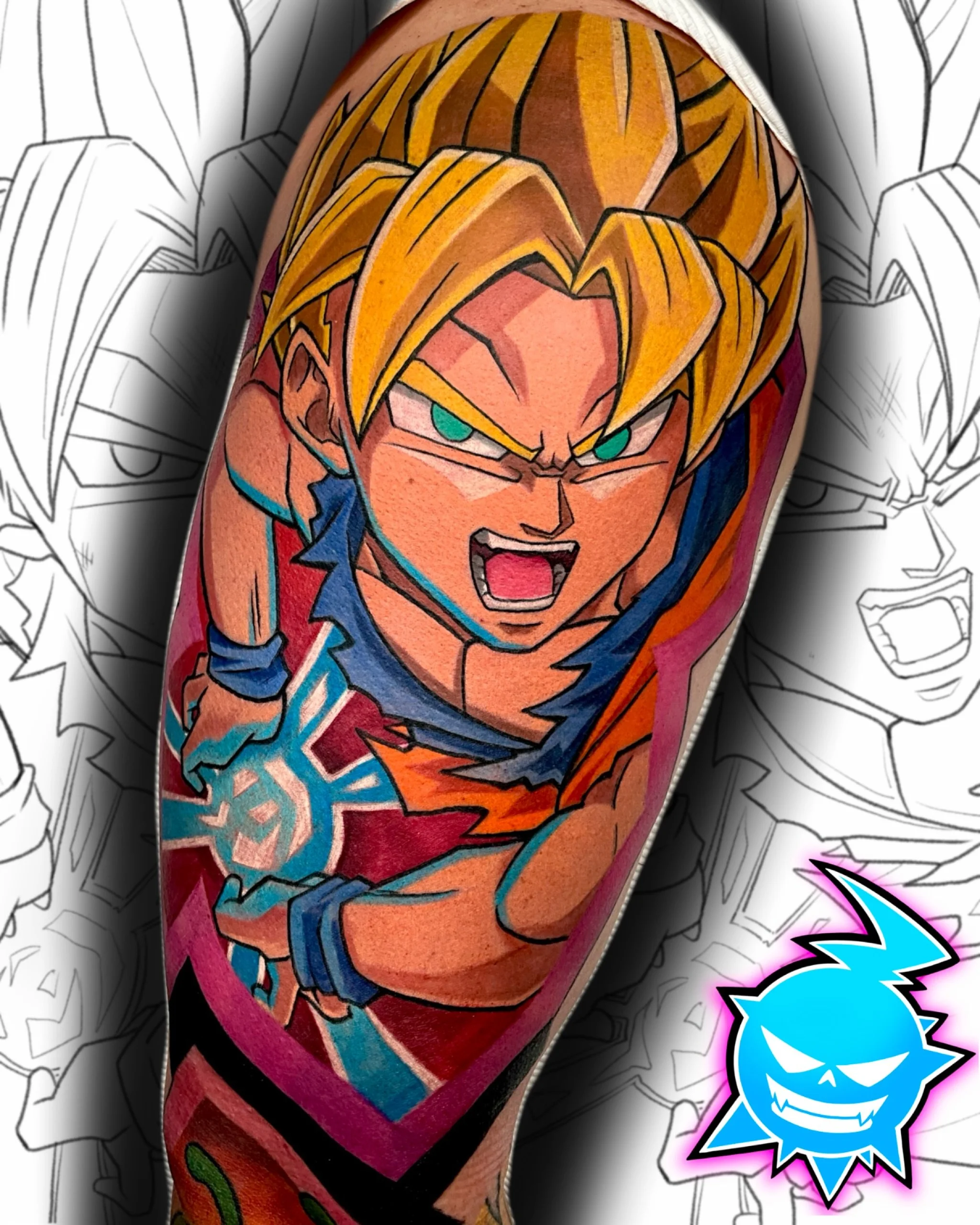 Massive Goku on the upper outer arm from last week. 
I definitely haven&rsquo;t done as much DBZ as previous years. 
Hit me up for a set priced panel. 
I have a few dbz predrawns ready to go, or we can do any character you like. 
📍Logan📍Brisbane📍G
