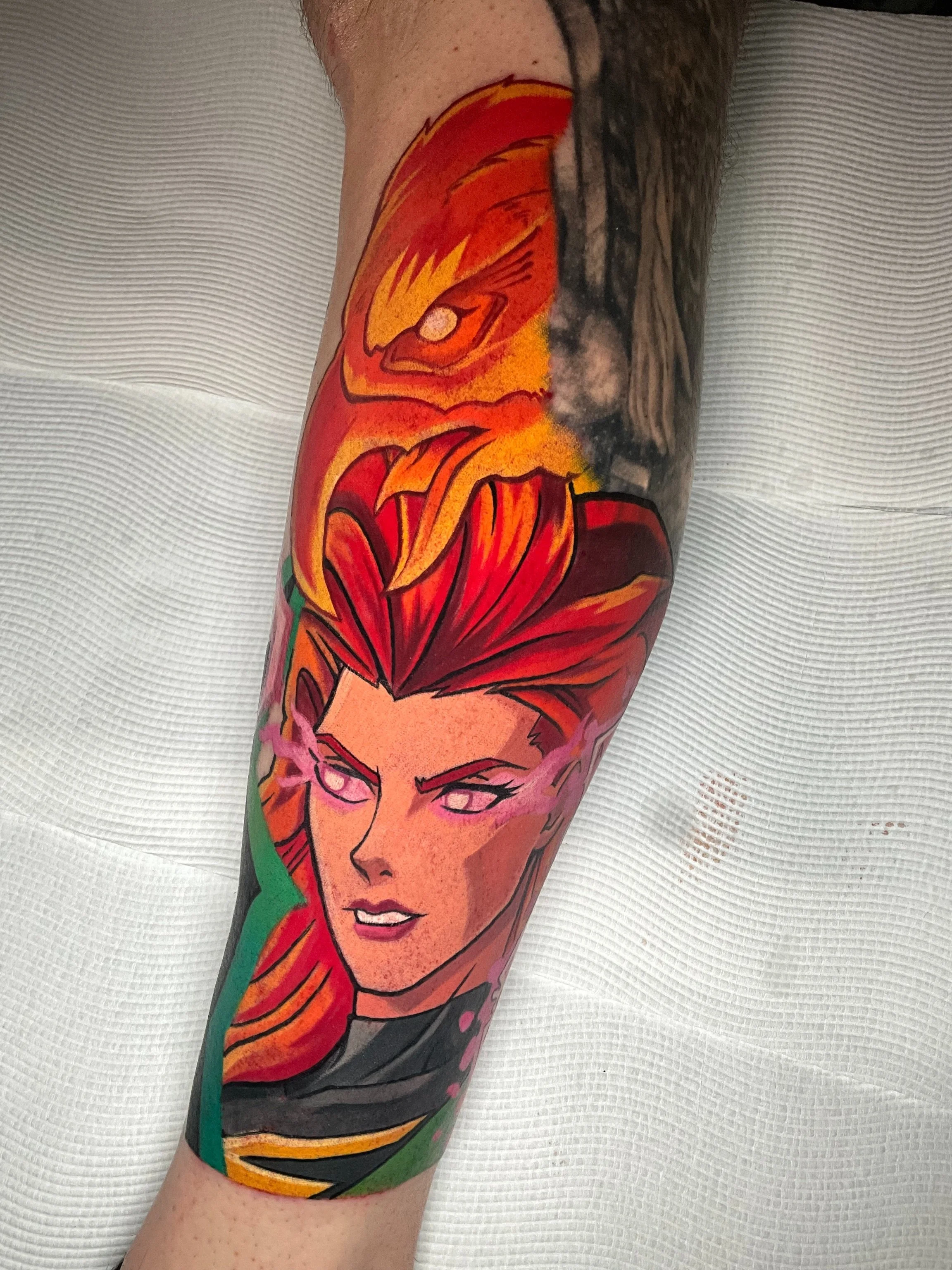 Jean Grey to add onto this x-men leg sleeve. 
Been having a blast on this. 
Working around some existing life choices :D but these two have come up so good. 
Hit me up to get some Marvel or DC work :D
Few spots left to fill for May. 
Booking June onw