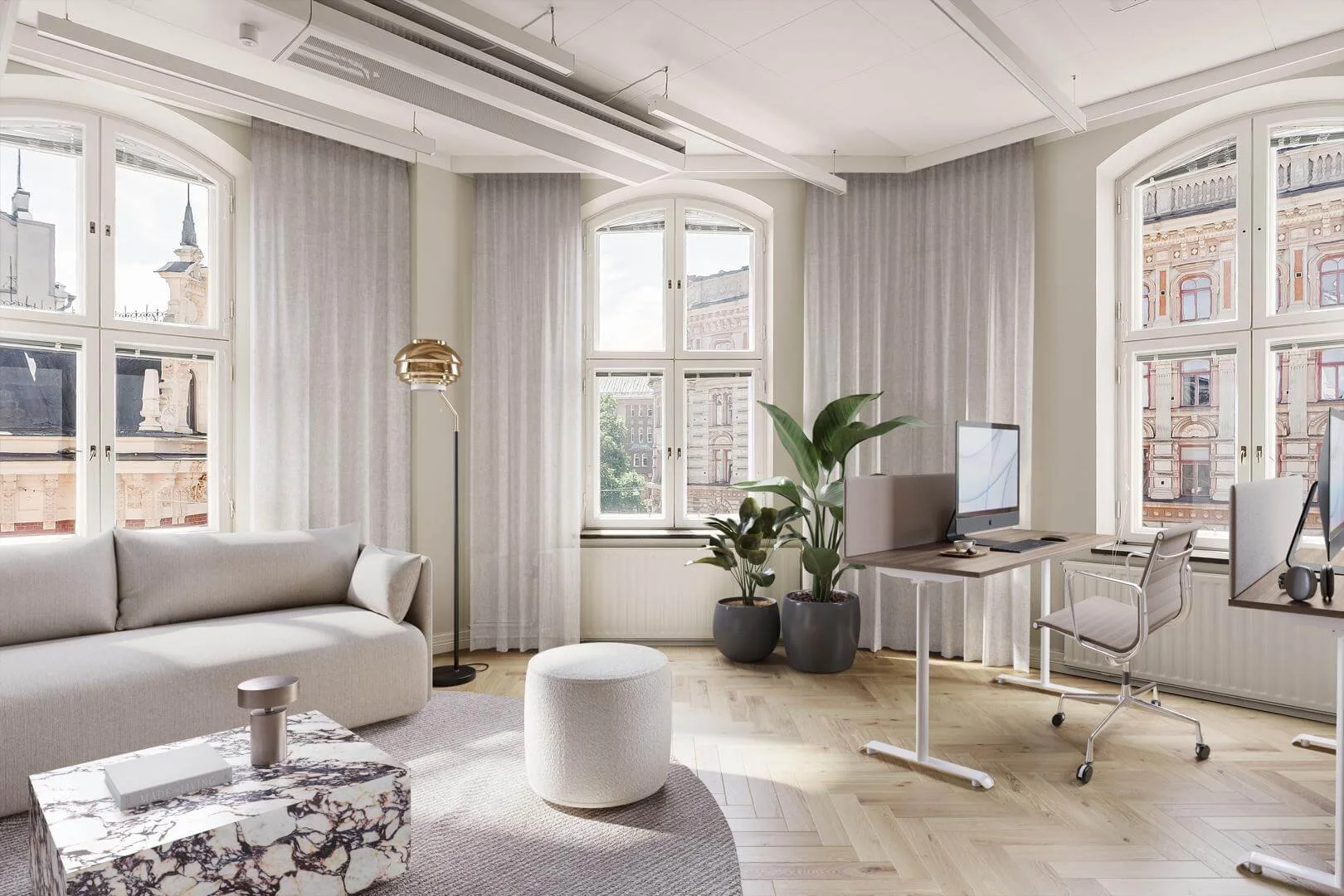 Bright and working area, large windows, white curtains, modern decor, plants, desk, computer, chairs.