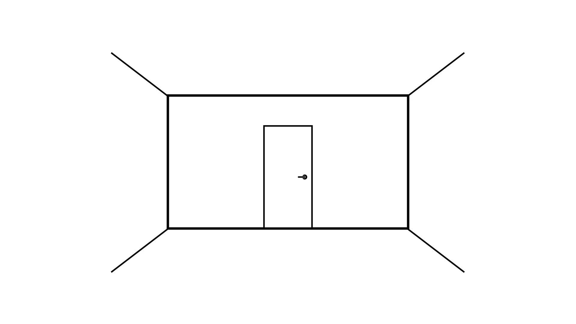 Drawing of a room with a door in the middle of the wall and a cloud of dust on the floor.