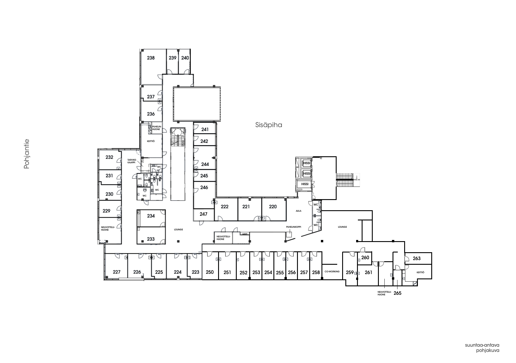 Boffice Tapiolan pohjapiirrustus, jossa on huoneiden numerot ja yhteiset tilat, kuten keittiöt, lounge-alueet ja WC:t, sekä sisäpiha-alue.