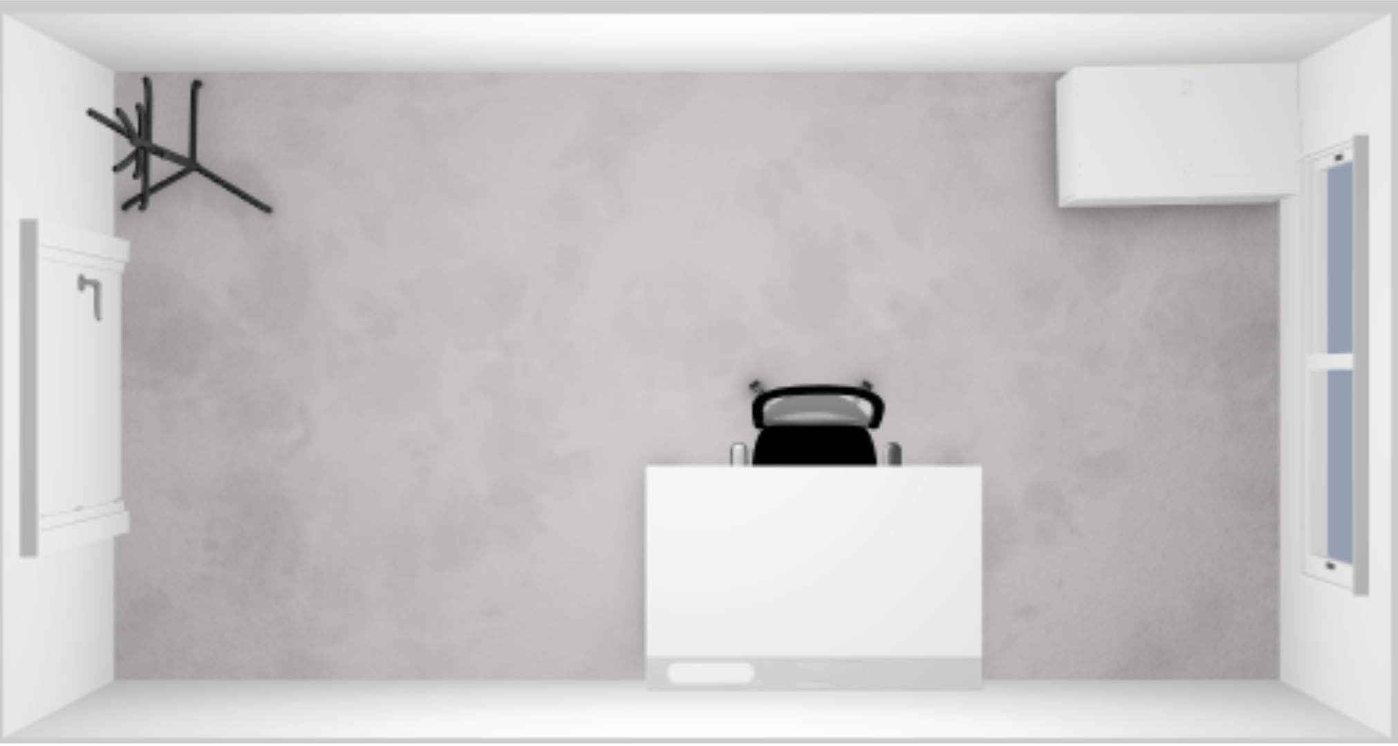 Tyhjä toimistohuone pöydällä, tuoli, vaatekaappi, työpöytäkone ja ikkunat.