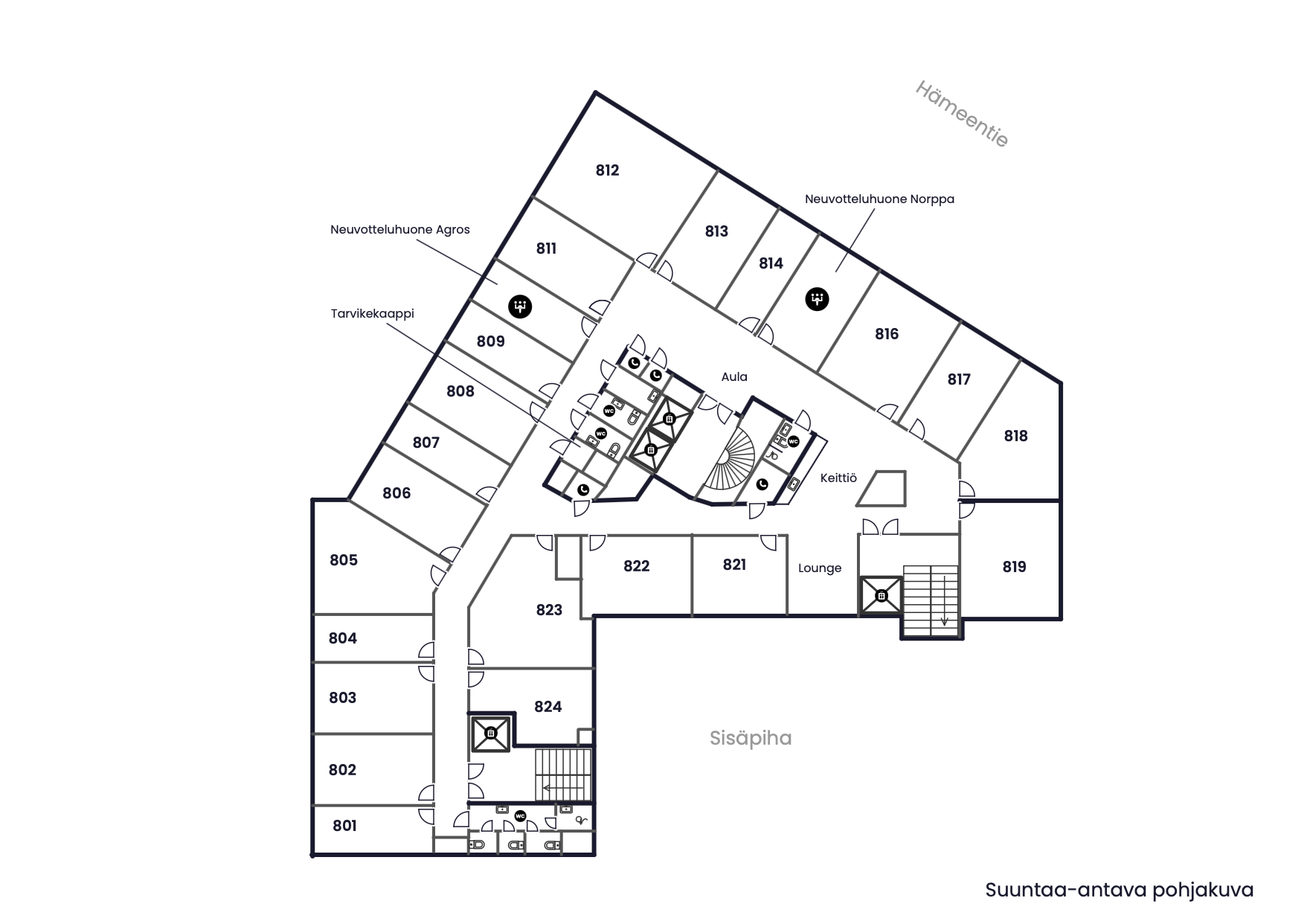 This is a floor plan of Boffice Sörnäinen's 8th floor office, showing rooms, restrooms, kitchen, meeting rooms, lobby, and various entrances, as well as staircases and elevators.