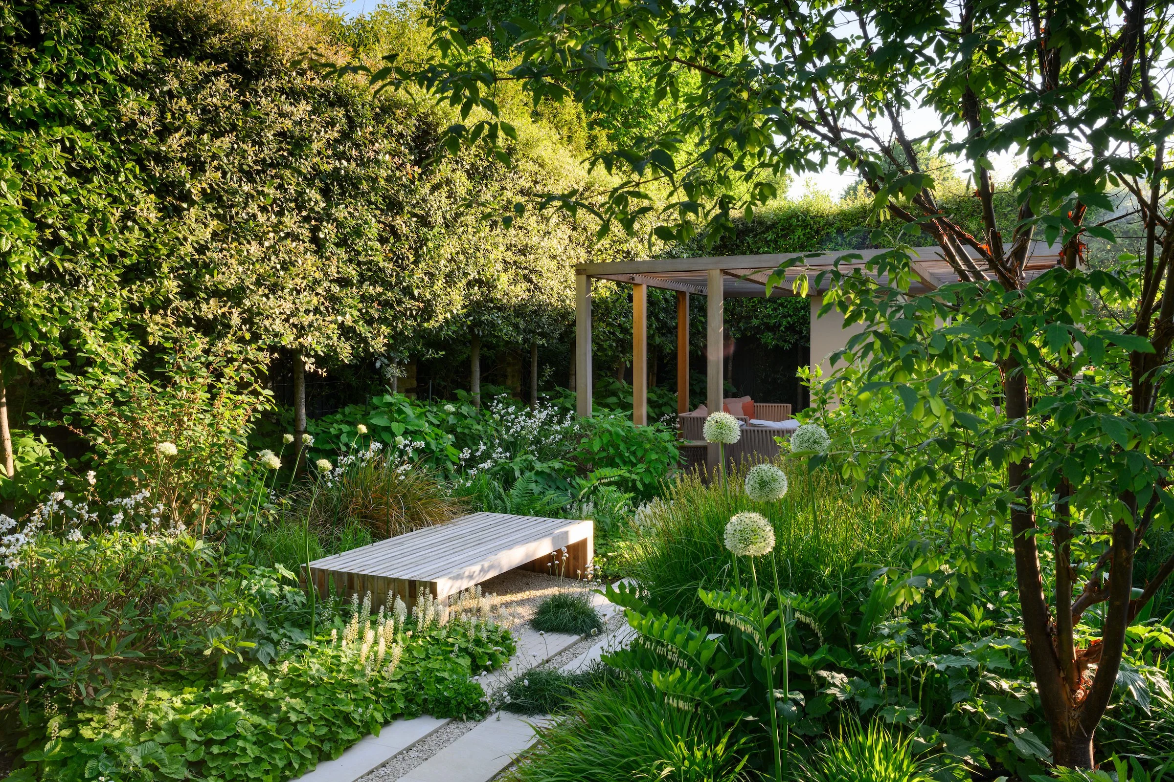Bespoke bench with lush planting and a bespoke pergola behind in a Putney garden by Kawauchi Rowe