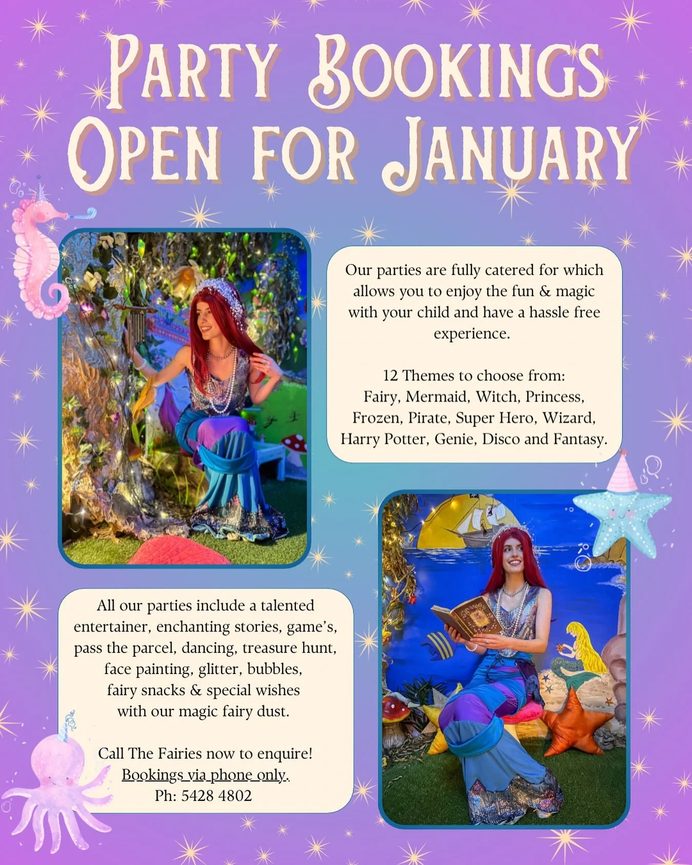 Party bookings are now open for JANUARY 2026 ✨🎉
Parties start back Saturday 17th Jan. Call The Fairies today to find out about our magical &amp; hassle free birthday parties for your child&rsquo;s next birthday! 🎈 Ph: 5428 4802