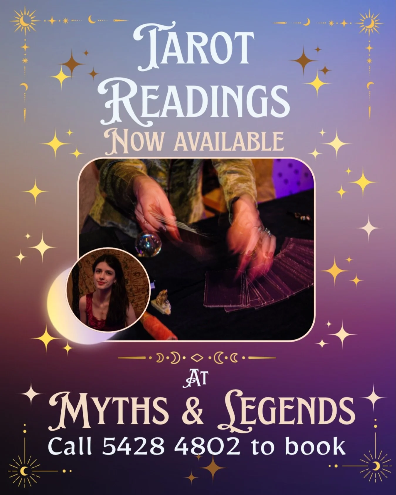 Exciting announcement, Tarot reading is now available at Myths &amp; Legends 🔮✨ To enquire or book Ph: 5428 4802