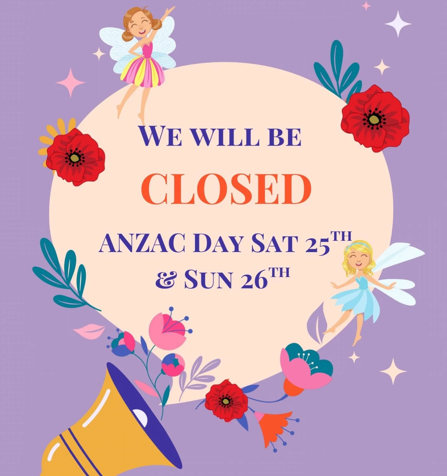 The Fairies will be closed this weekend for ANZAC Day 25th &amp; Sunday 26th. We will be back open Monday 27th 10am-5pm ✨