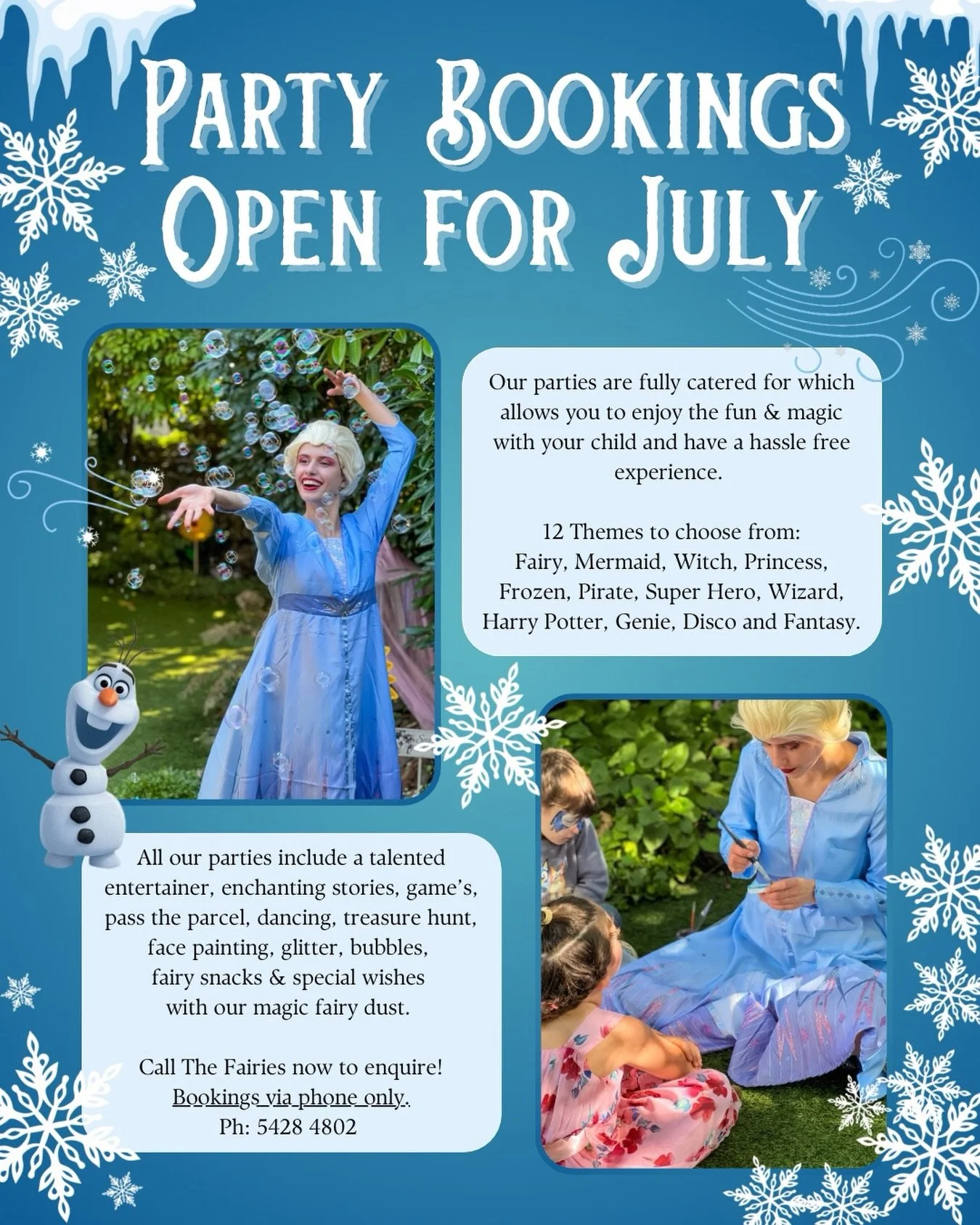 Party Bookings are Open for JULY 🥳✨ Make your child&rsquo;s next birthday a magical day filled with wonder, laughter, and sparkling smiles ✨Creating memories to last forever ✨ Enquire today Ph: 5428 4802 📞
