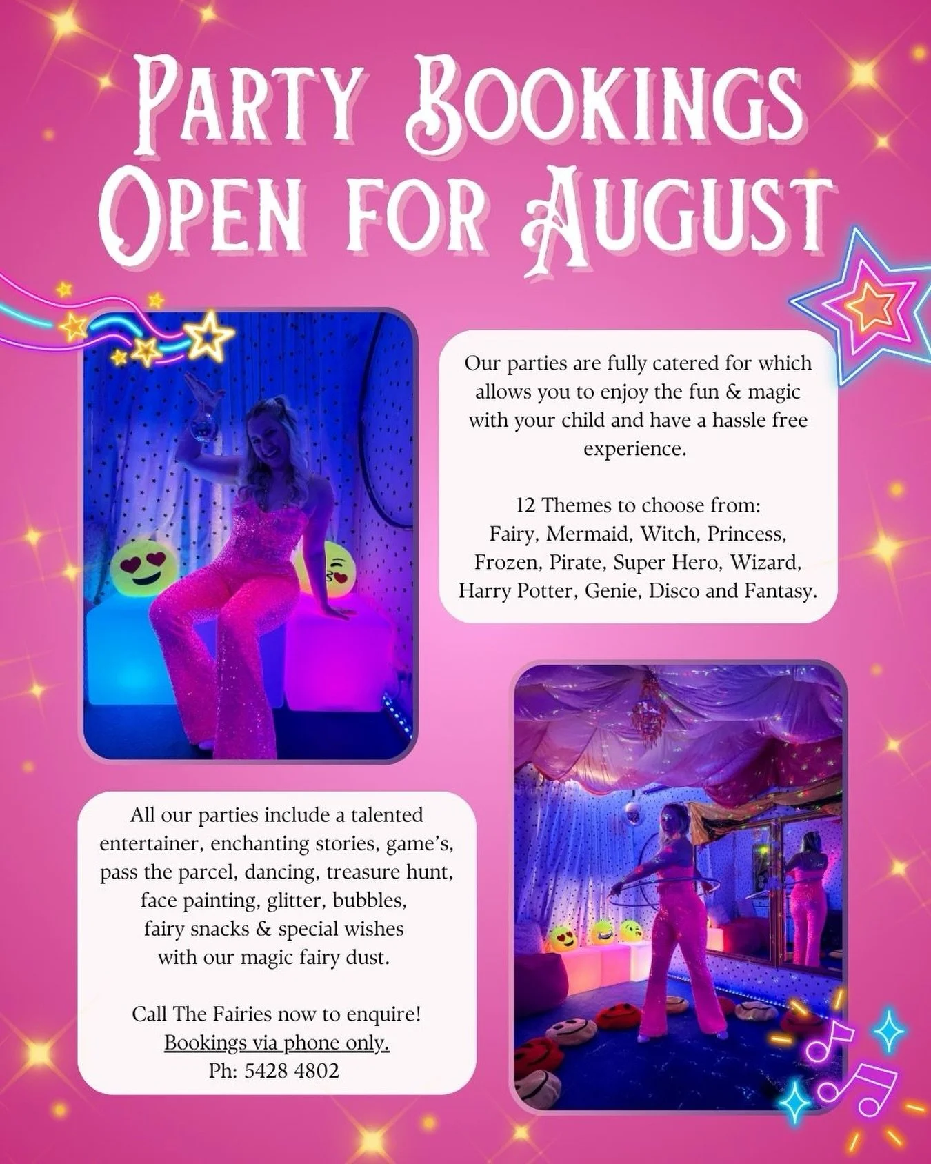 Bookings are now Open for AUGUST! 🥳

Get ready for a magical celebration filled with fun, games, enchanting entertainment and unforgettable memories. From exciting activities to a touch of fairy magic, we bring the wonder to your special day! 🧚&zwj