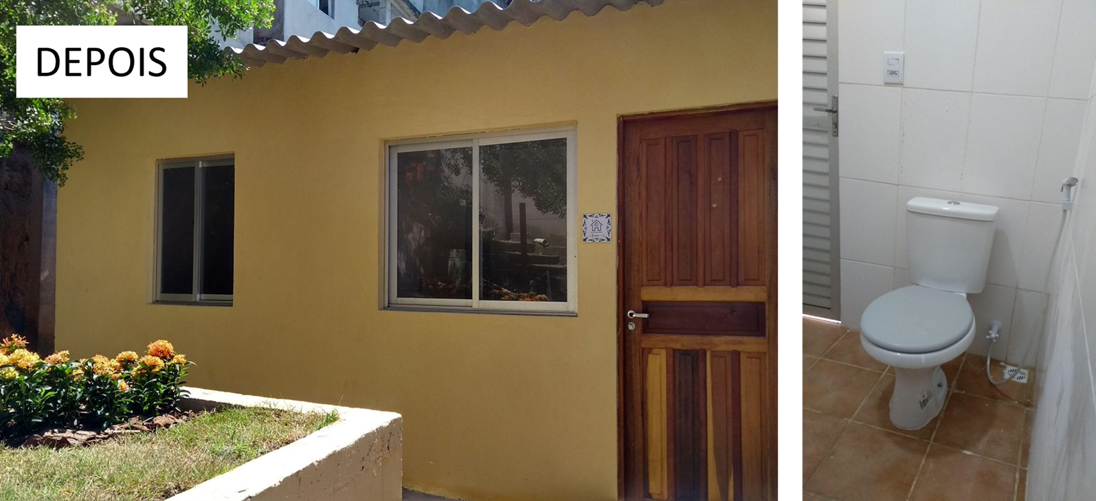 Antes e depois da reforma de residência em São Benedito, construída com recursos do Projeto Saúde Habitacional. O local possuía graves problemas estruturais, de saneamento, ventilação e acesso à água.