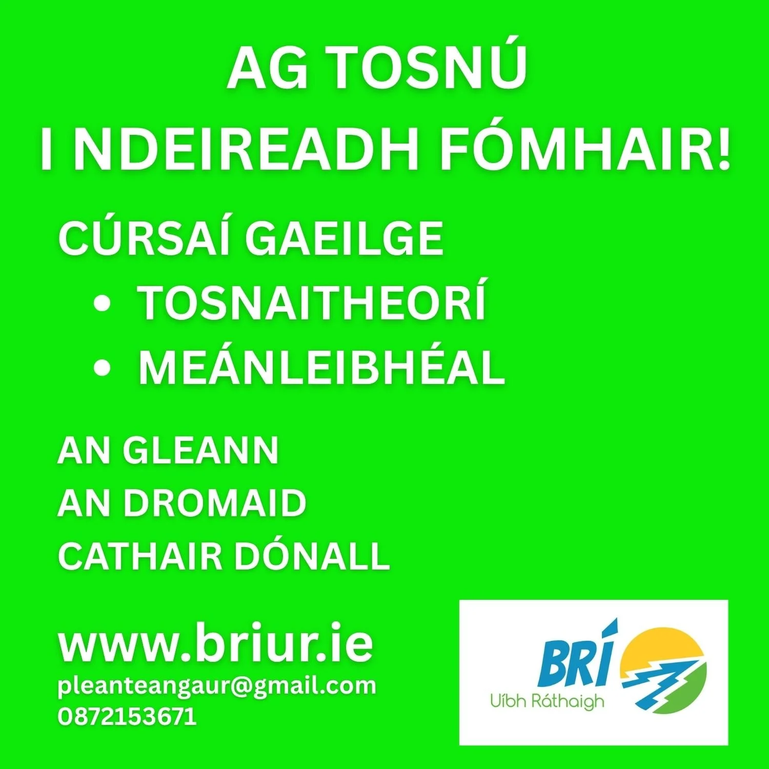 Cúrsaí Gaeilge i nDeireadh Fómhair