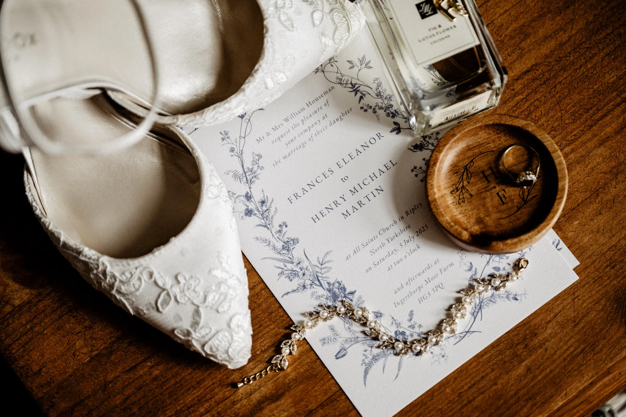 Wedding lay flat with brides details