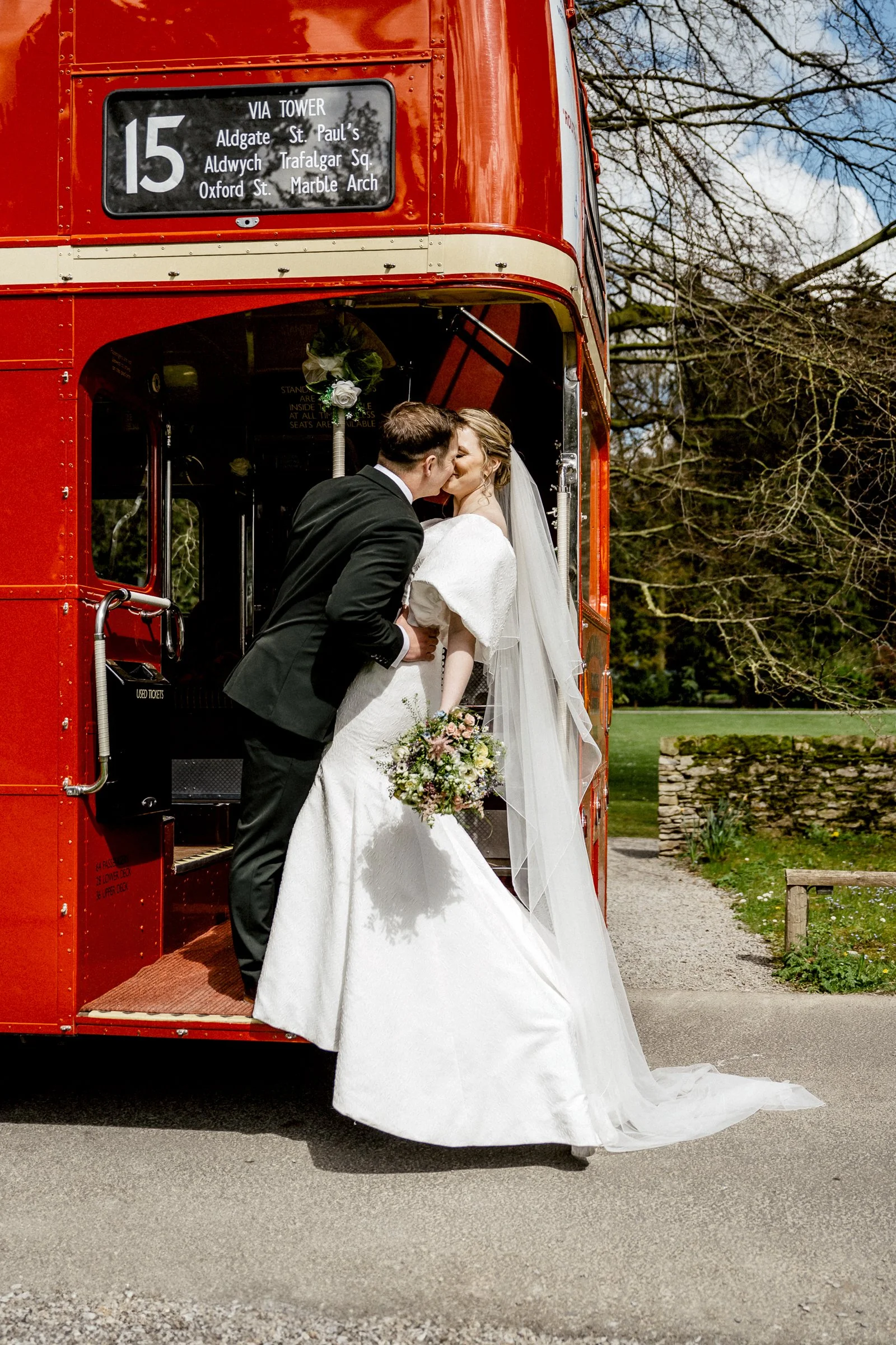 Bride & Groom Travel to wedding on Red Bus, Middleton Lodge