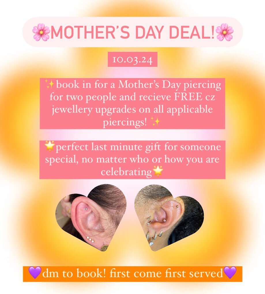 🌸MOTHER&rsquo;S DAY DEAL🌸

✨need a last minute gift for someone special? book in two people for a piercing this Sunday and receive FREE sparkly CZ jewellery upgrades on all appropriate piercings- including lobe, nose, helix, conch, tragus and MORE!
