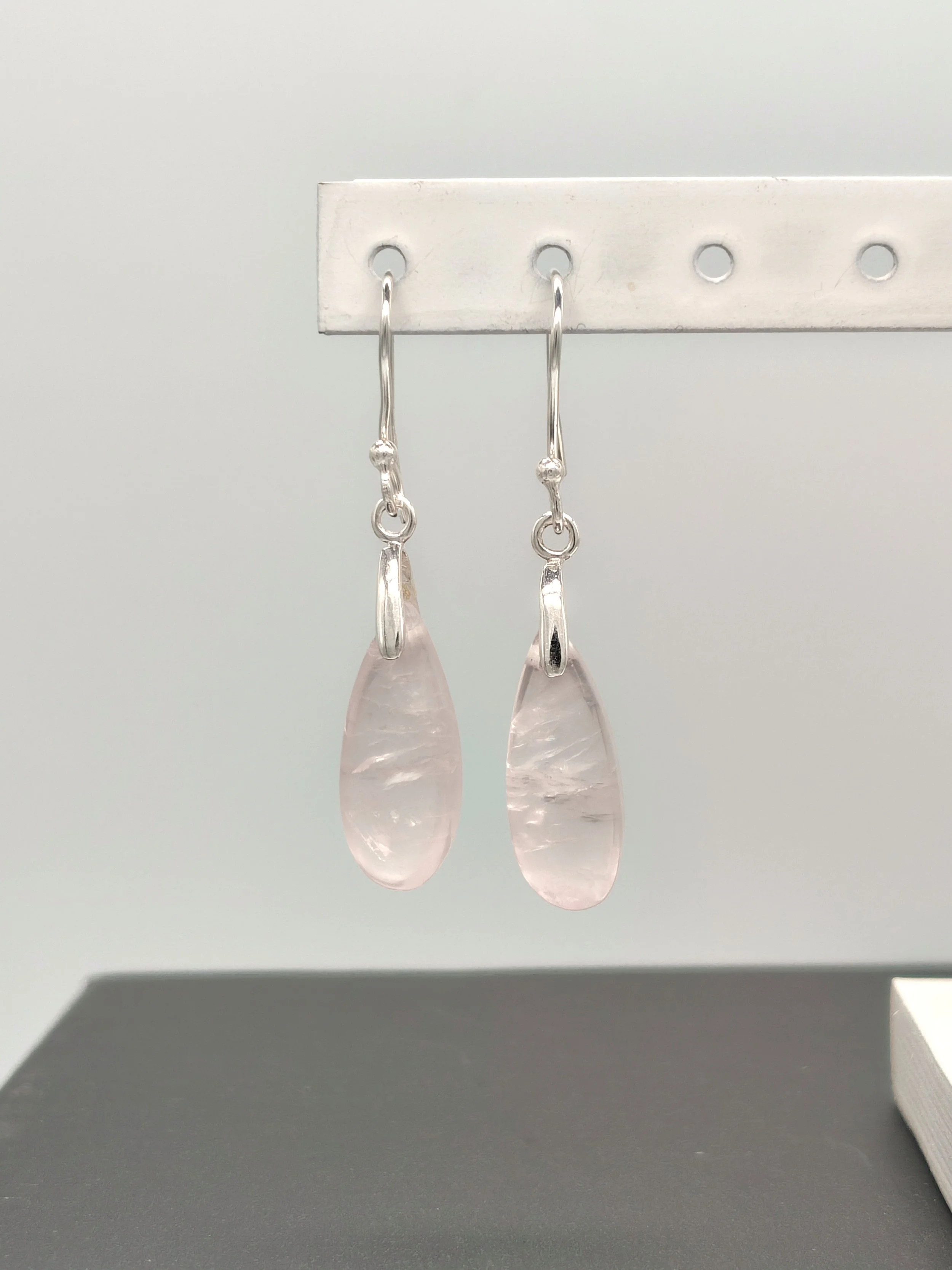 Long Oval Drop Rose Quartz Earrings