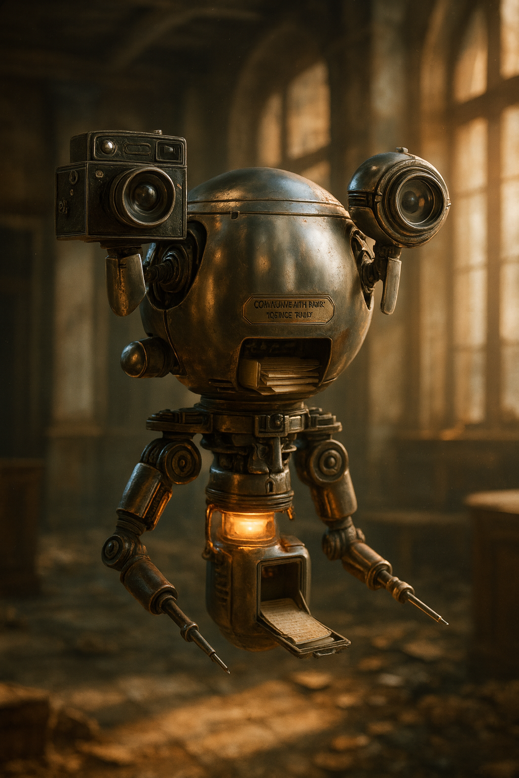 A vintage robot with a spherical body, equipped with cameras for eyes, standing in a dimly lit room with large windows.