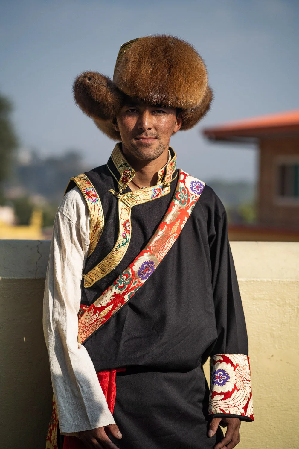 Close-up of traditional Tibetan costumes worn during a festival in Kathmandu