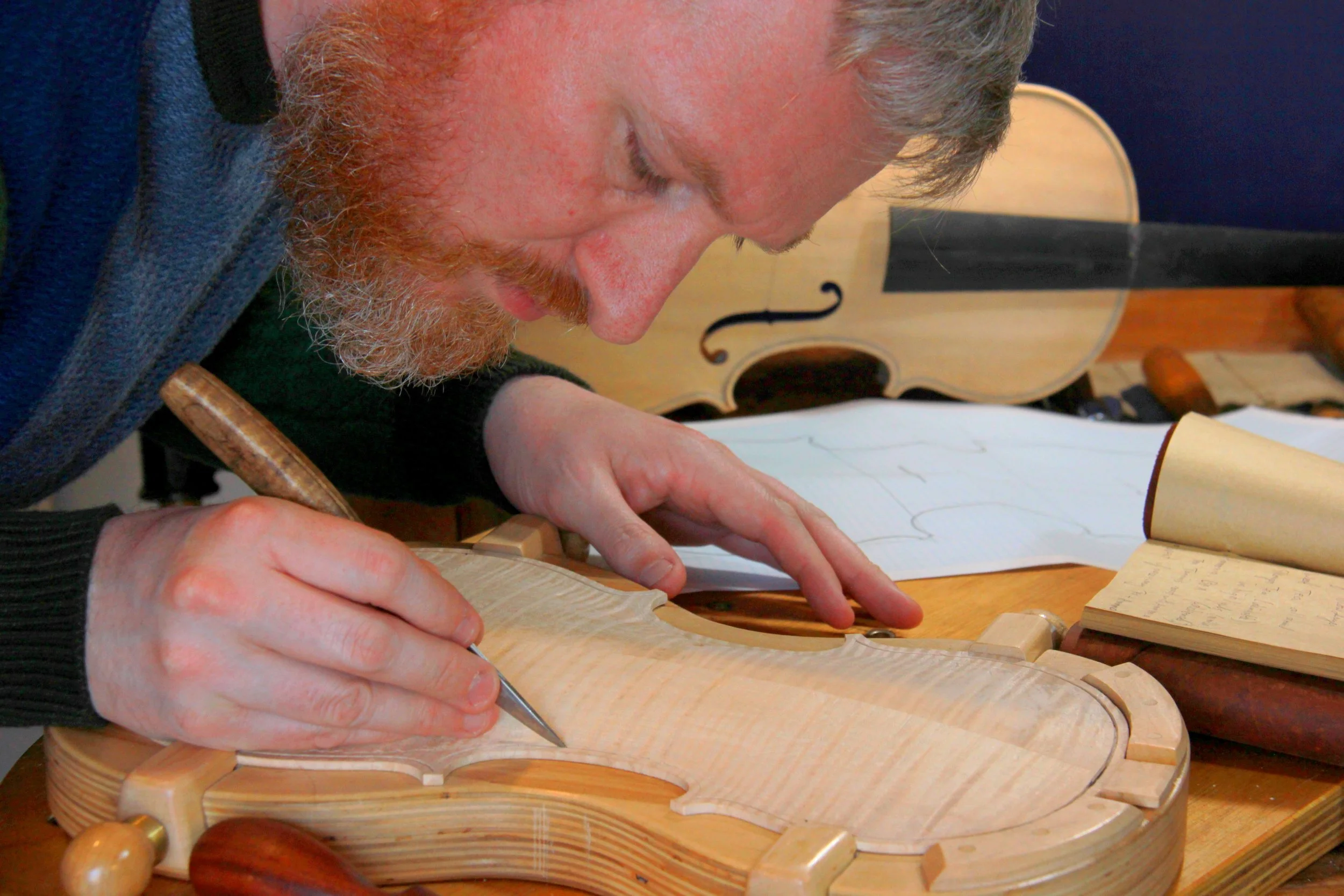 Bespoke Instrument Purfling Channel Cutting in Flamed Maple Back Plate.JPG