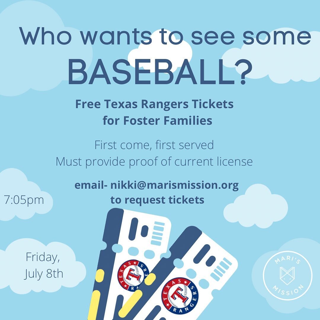 Hey baseball fans! Let&rsquo;s enjoy a rangers game together! 
If you&rsquo;re an active foster family with placements in your home, shoot us an email and we will and we will get you the details. 

Only request tickets if you&rsquo;re positive that y