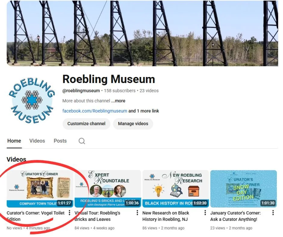 Did you miss our latest Zoom event about company town toilets? 🚽🚾

Bad news: you missed a crap ton of toilet jokes. Good news: It's now live on YouTube! You can find us by searching "Roebling Museum" on YouTube.
