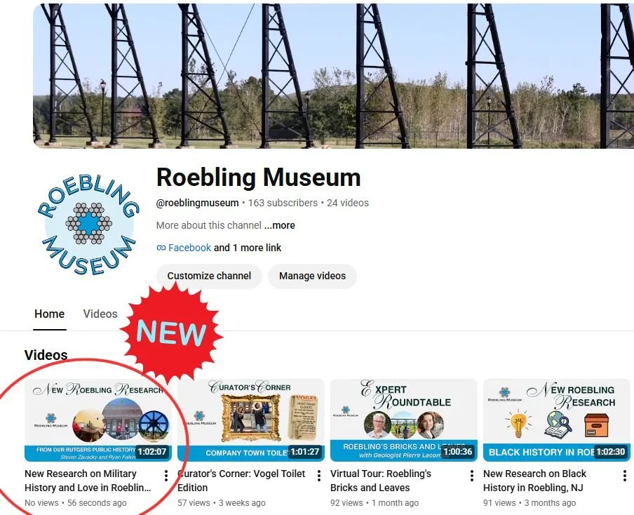 Our @ruhistorydepartment  interns, Ryan Falkin and Steven Zavacky, shared their amazing research during our monthly Zoom program earlier this week! If you couldn't make it, the recording is now on our YouTube. Find us by searching "Roebling Muse
