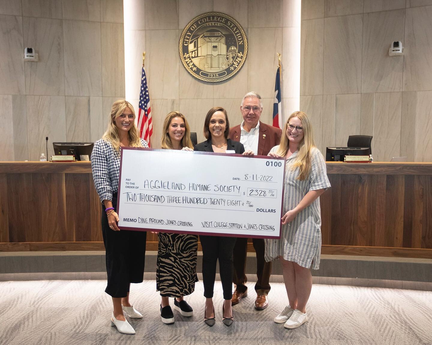 Thank you to Mayor Mooney and the City Council for hosting us yesterday! We had the opportunity to present 1. A recap on Dine Around with our partner @visitcstx and 2. A check to @aggielandhumane with the event proceeds! Your tickets went directly to
