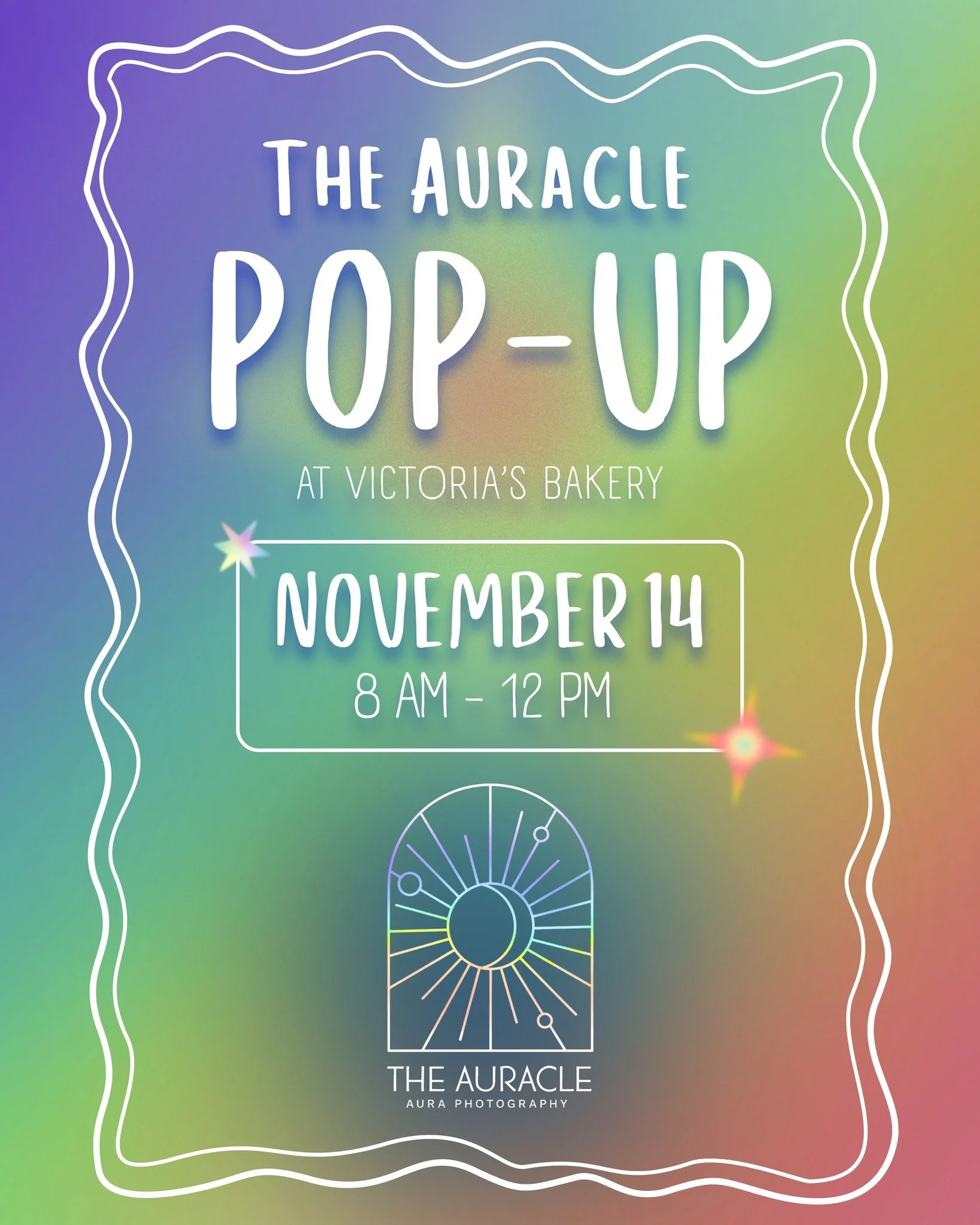 Come see yourself in a whole new light. π
The Auracle will be returning to our bakery on Friday, November 14 from 8 a.m. to 12 p.m. for a sweet pop-up! π€© Have your aura captured in a stunning snapshot and explore the intricacies of your own energy