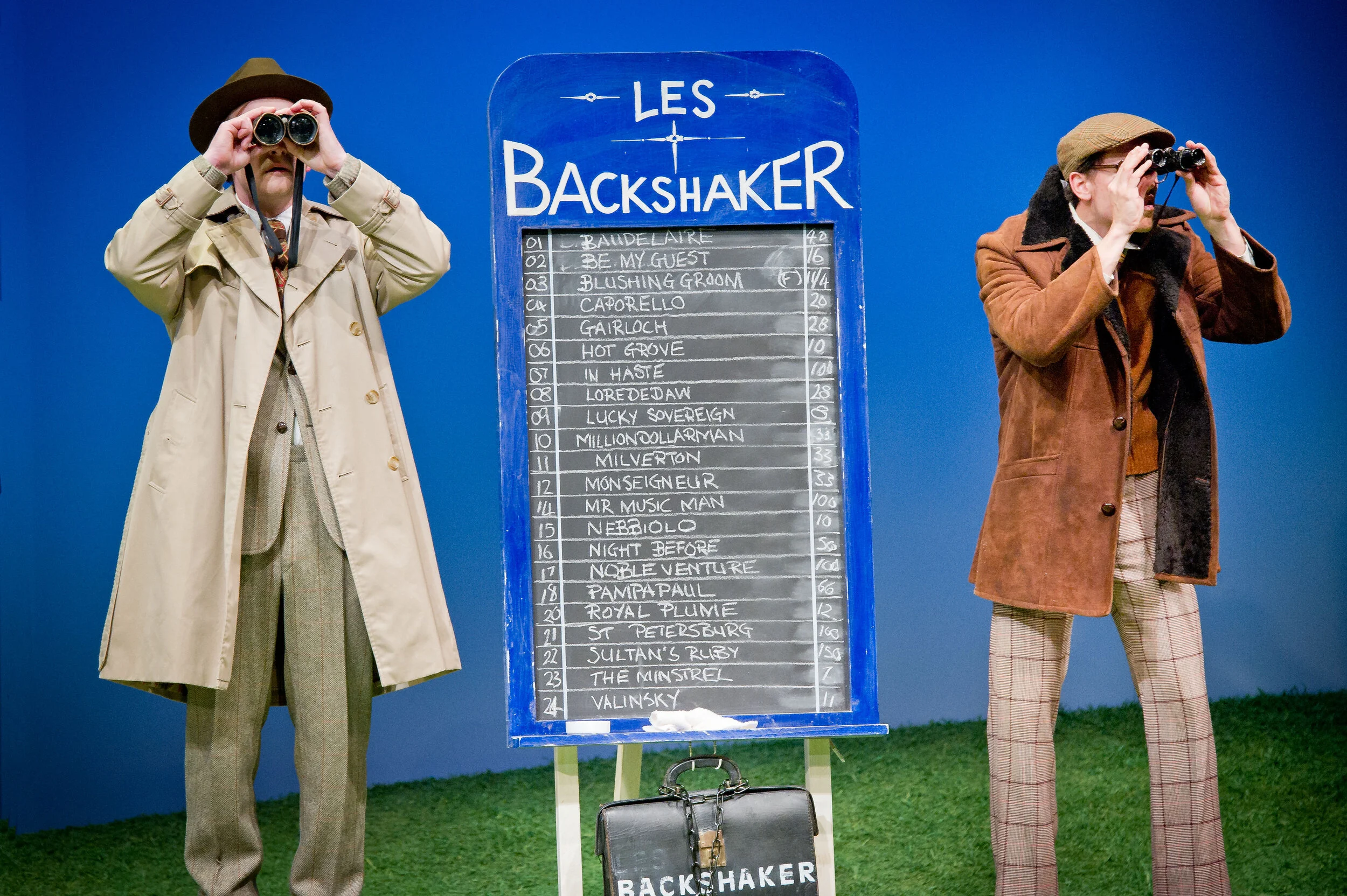 Simon Muller and Ben Wigzell as tic tac men in Epsom Downs as Salisbury Playhouse. Credit Robert Workman.jpg