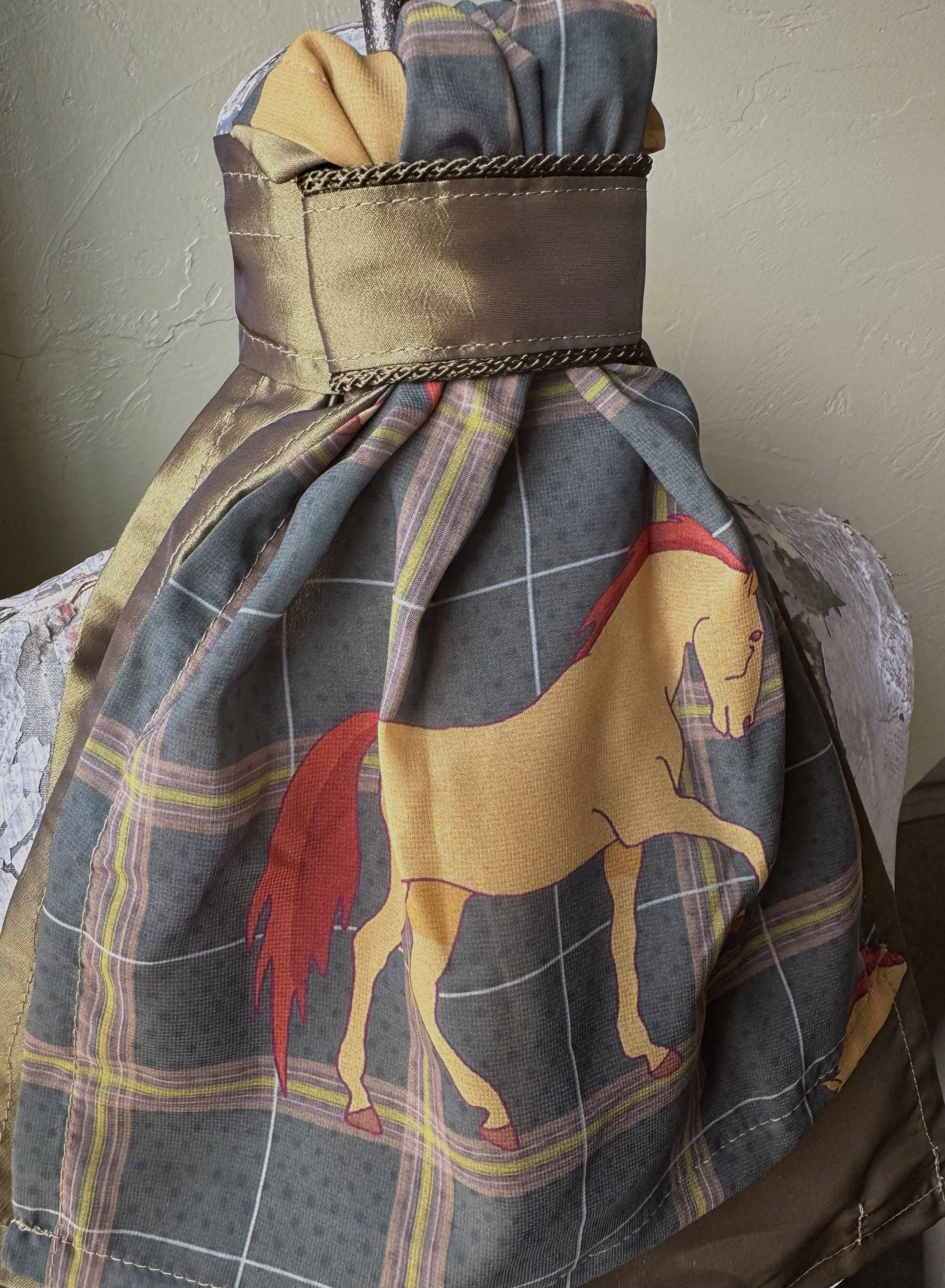Olive Taffeta Stock Tie with Plaid Horse Chiffon Overlay