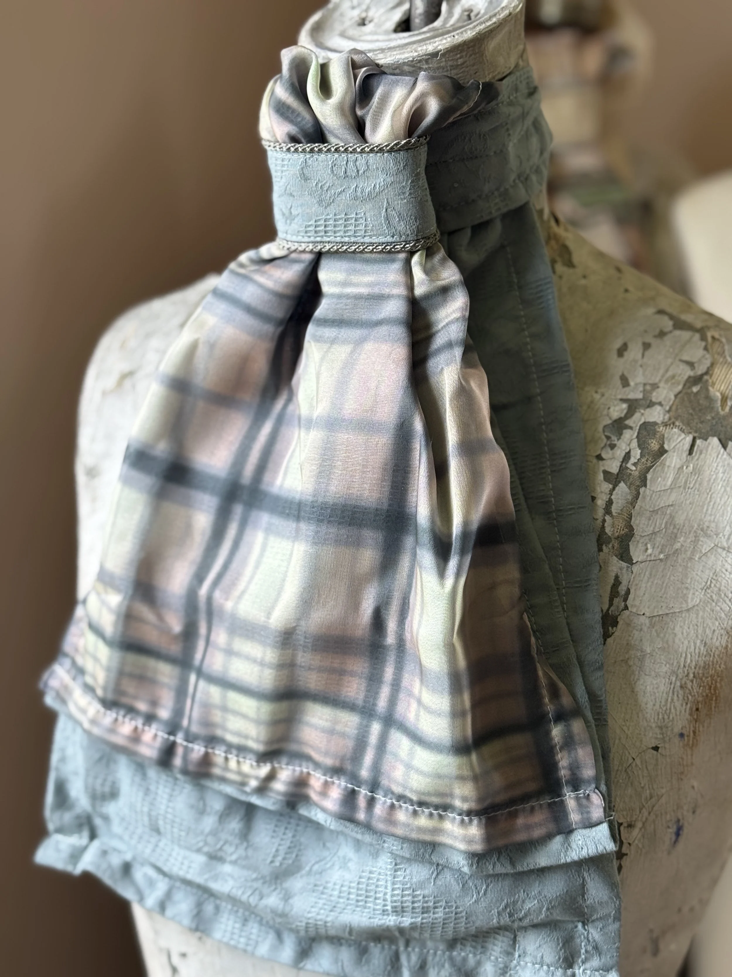Light Dusty Blue Cotton with Chiffon Plaid Stock Tie