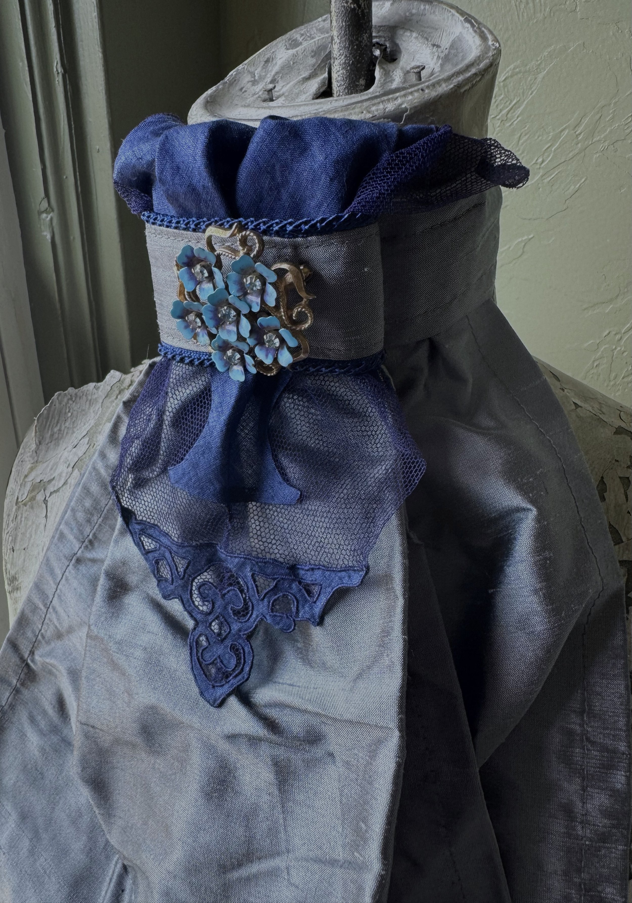 Blue Silk Stock Tie with Exquisite Vintage Hankie Overlay
