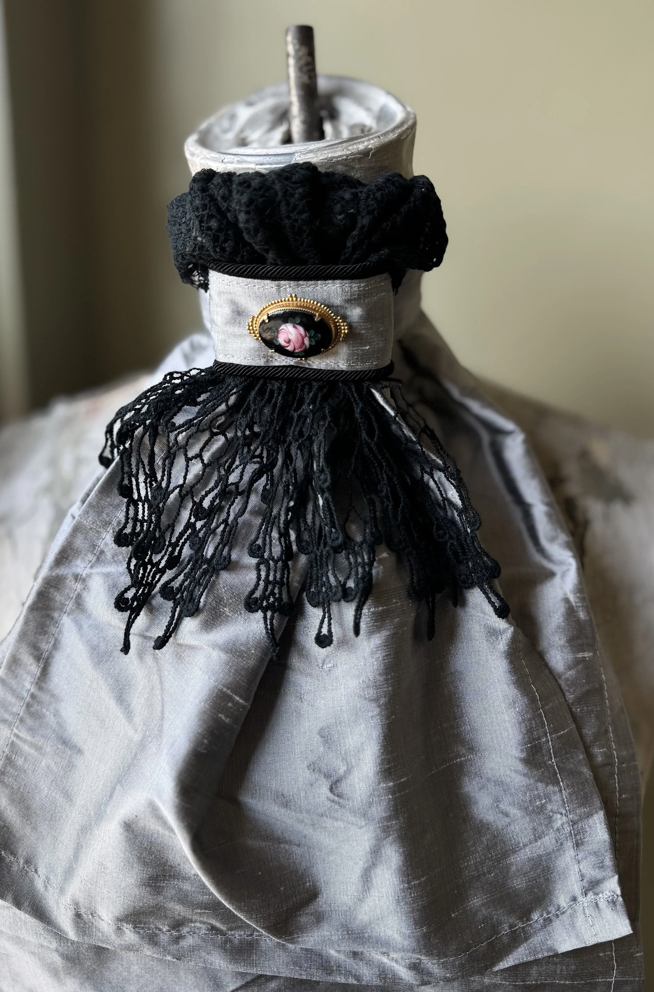 Gray Silk Stock Tie with Delicate Black Victorian Crocheted Lace