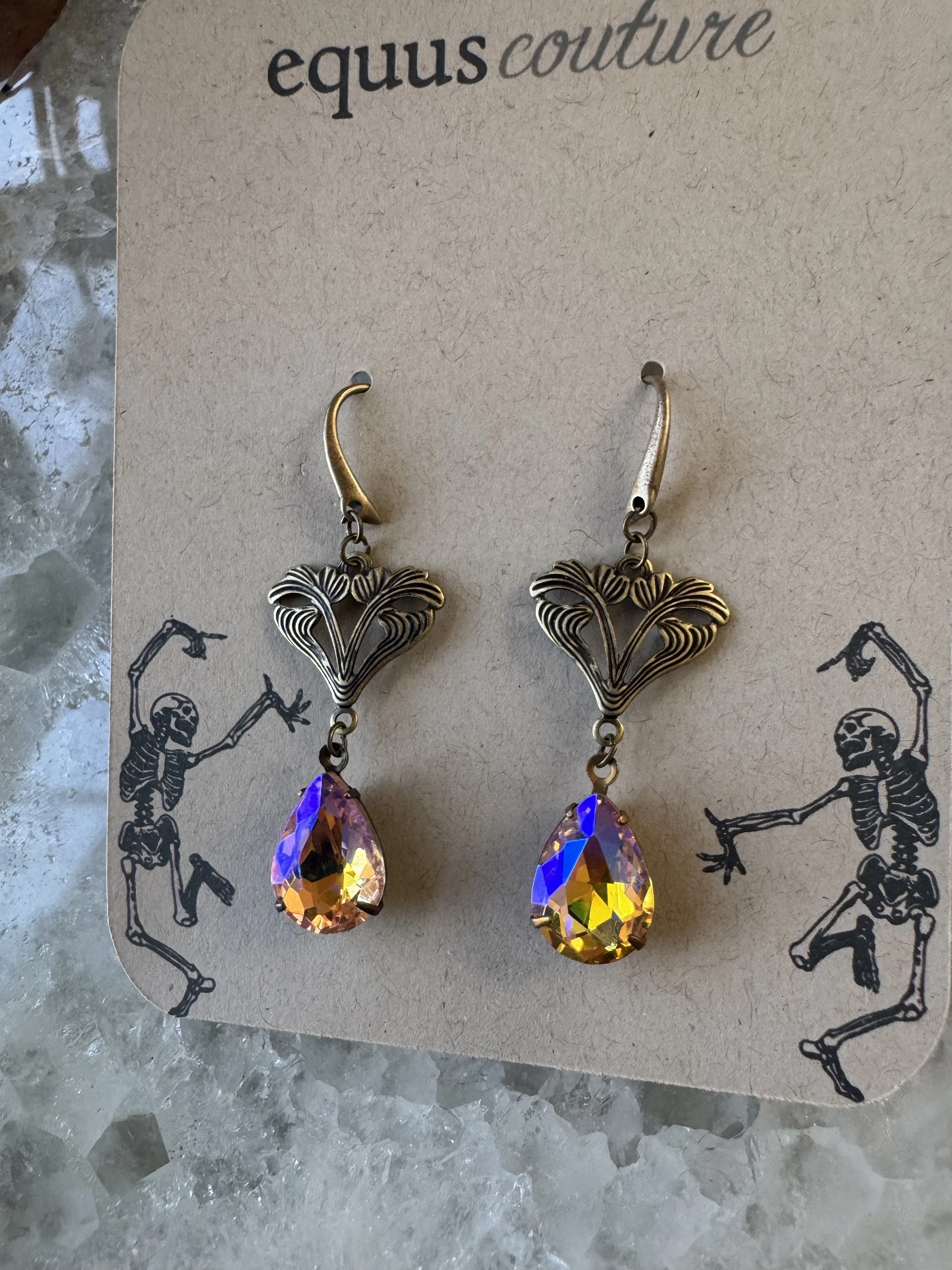 Iridescent Citrine Crystal & Antique Brass Fan Earrings