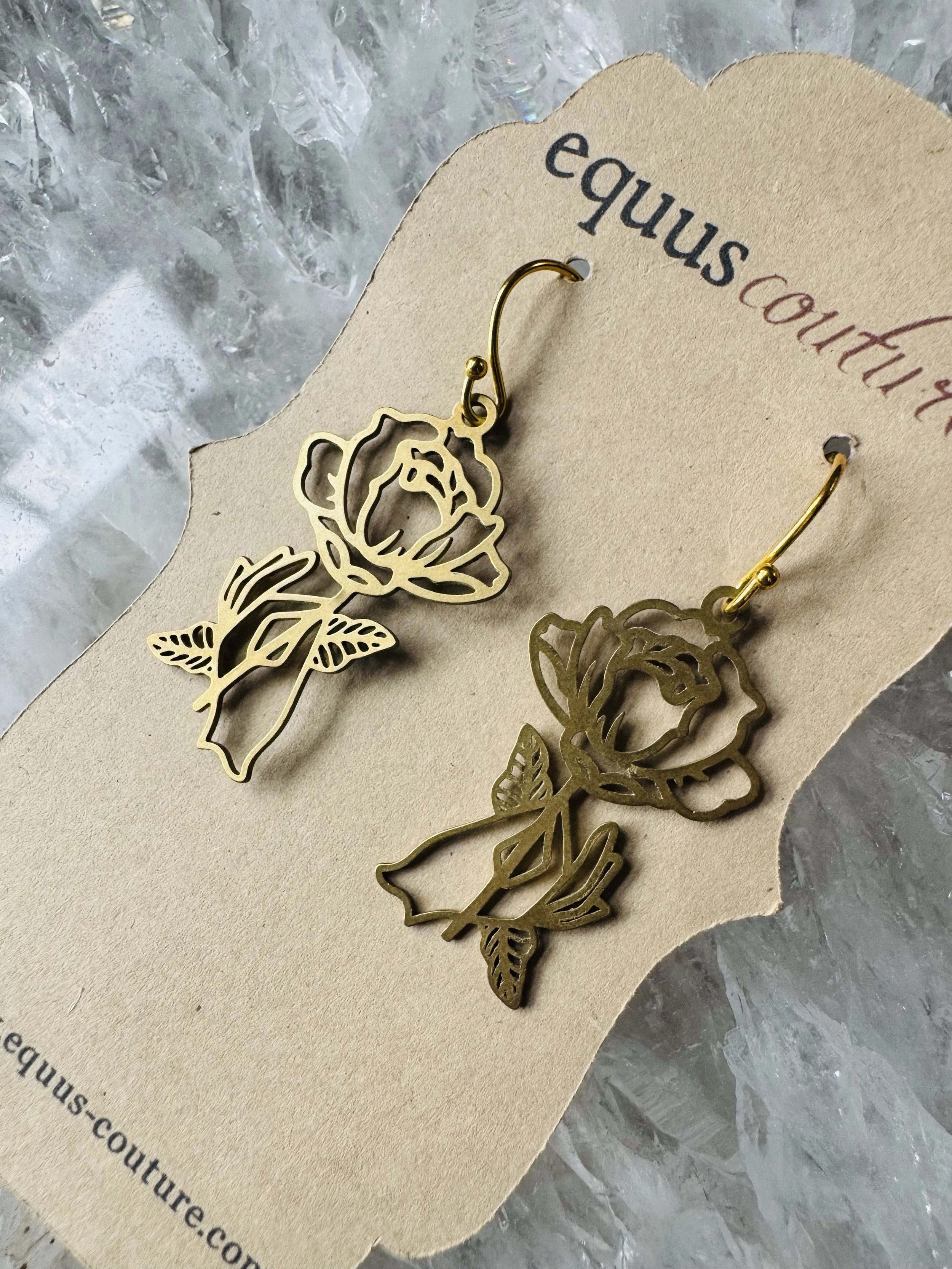 Brass Victorian Hand/Rose Earrings