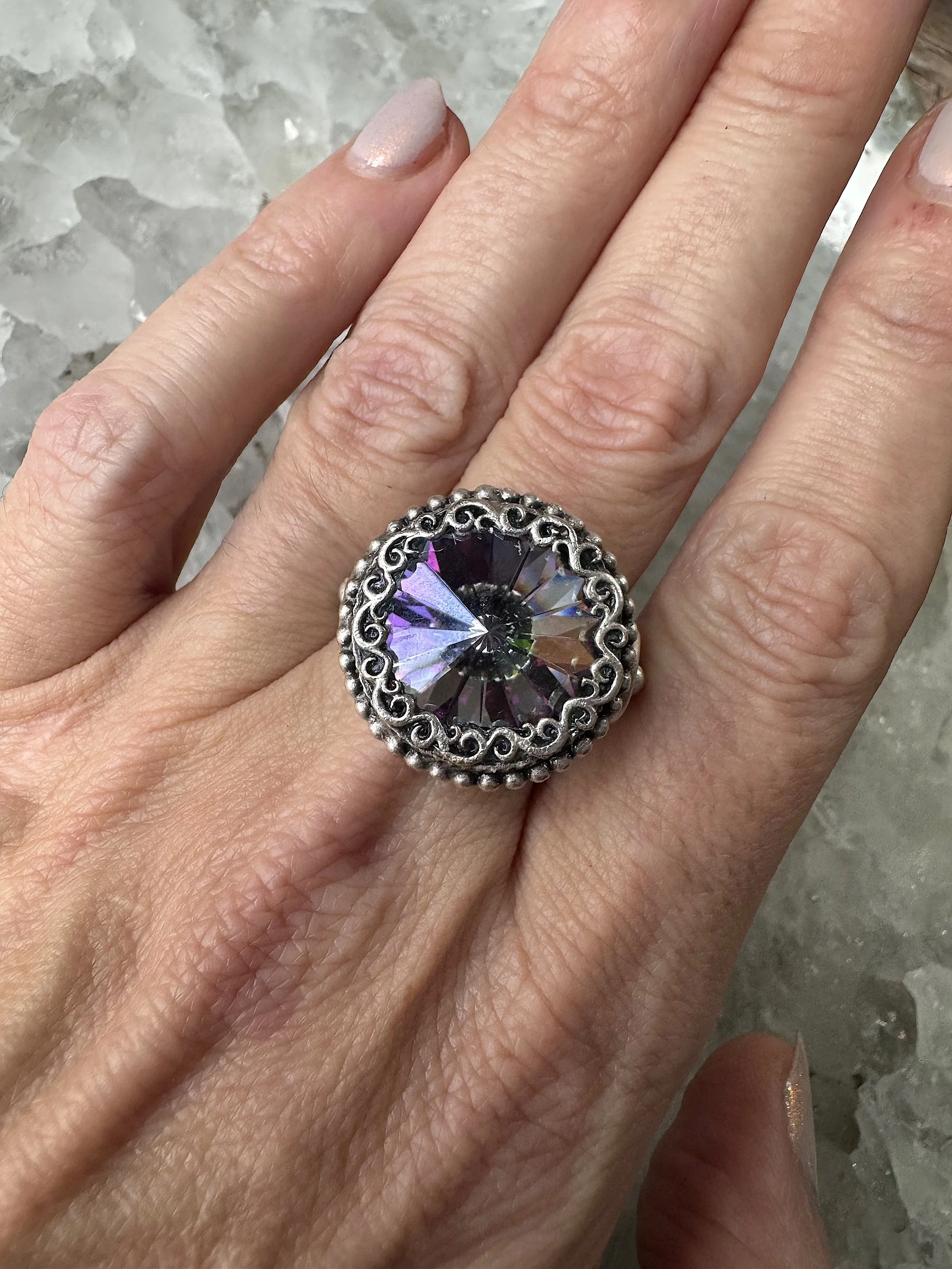Iridescent Lavender Crystal Cocktail RIng